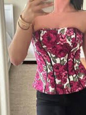 White House Black Market Corset Top Sz 6 Red Rose Florals Tea Core